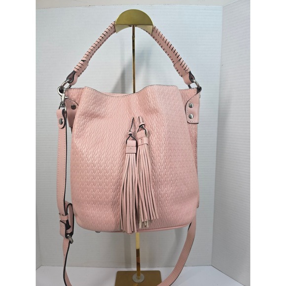 Patricia Nash Pink Leather Bucket Bag Tassel Whipstitch Hobo Crossbody